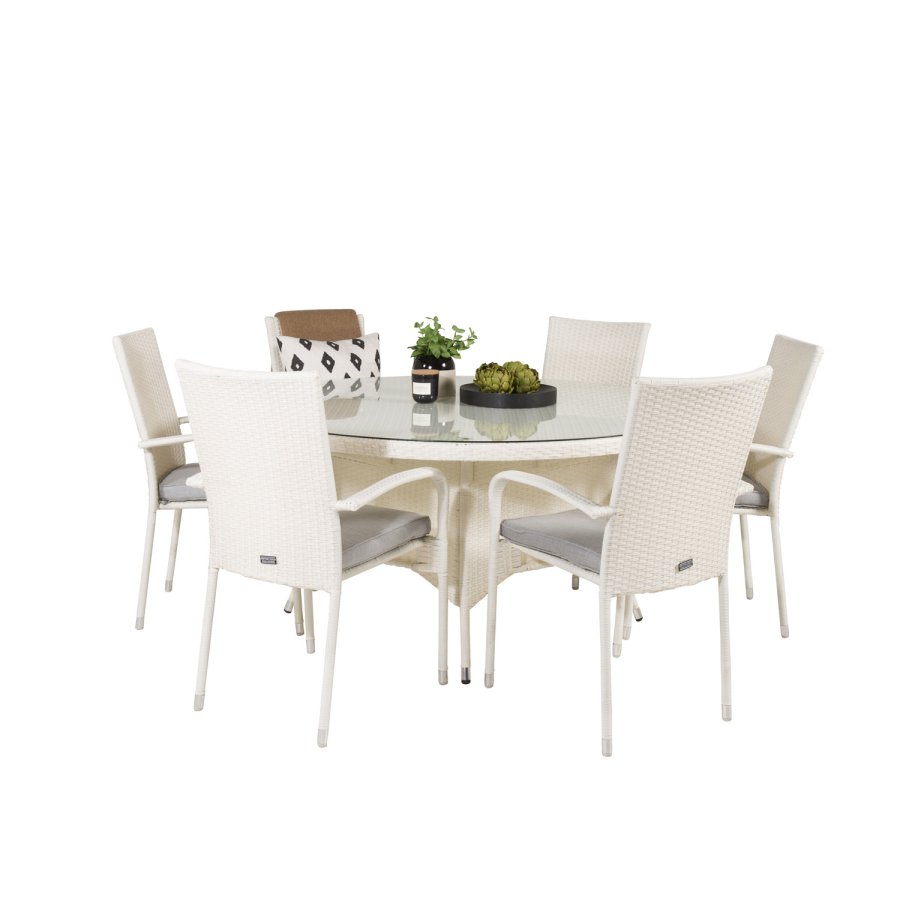 VENTURE DESIGN havest m. Volta bord (150) og 6 Anna stole m. armln - hvid rattan og glas