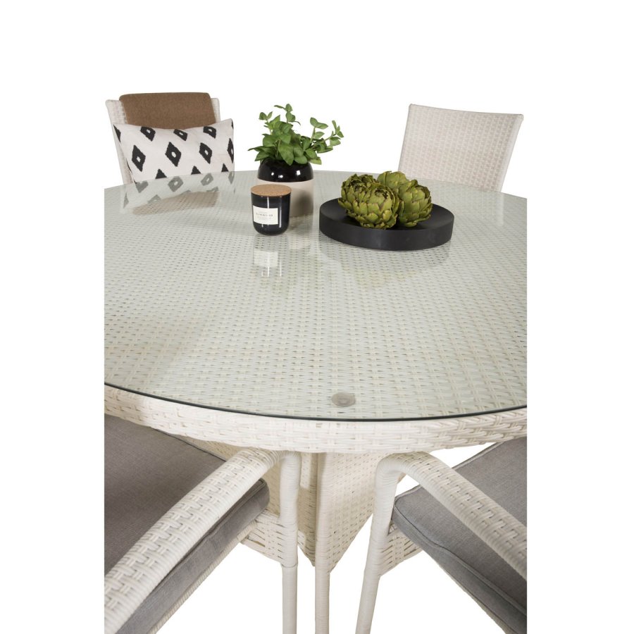 VENTURE DESIGN havest m. Volta bord (150) og 6 Anna stole m. armln - hvid rattan og glas