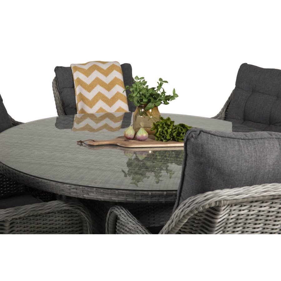 VENTURE DESIGN havest m. Volta bord (150) og 6 Vikelund stole m. armln + hynde - gr rattan/glas