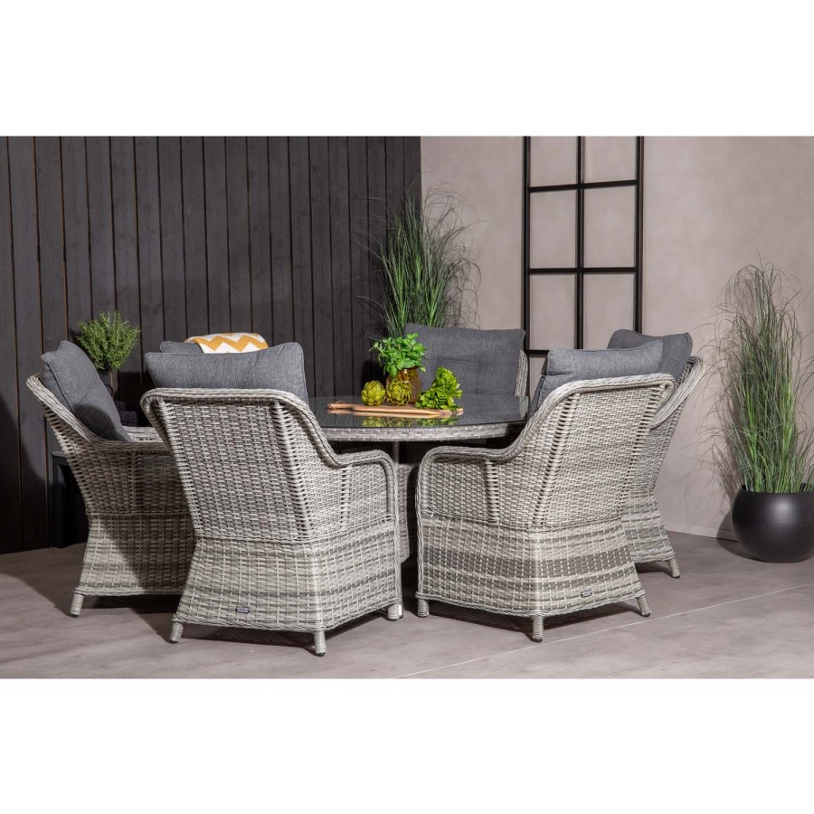 VENTURE DESIGN havest m. Volta bord (150) og 6 Vikelund stole m. armln + hynde - gr rattan/glas