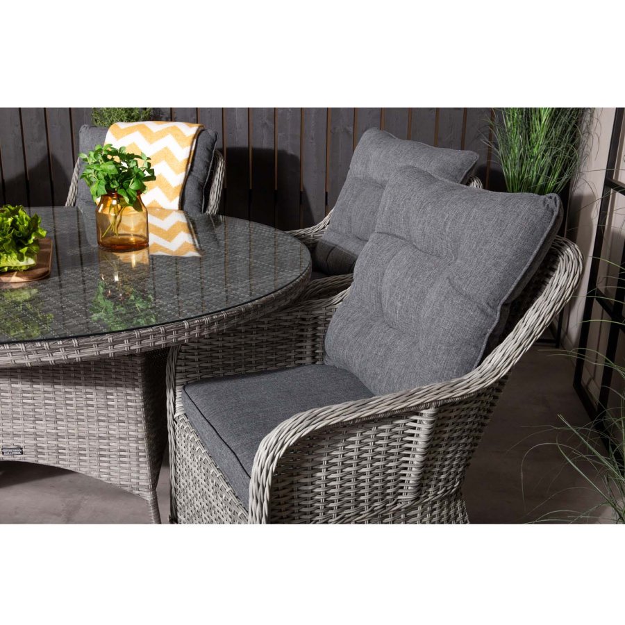 VENTURE DESIGN havest m. Volta bord (150) og 6 Vikelund stole m. armln + hynde - gr rattan/glas