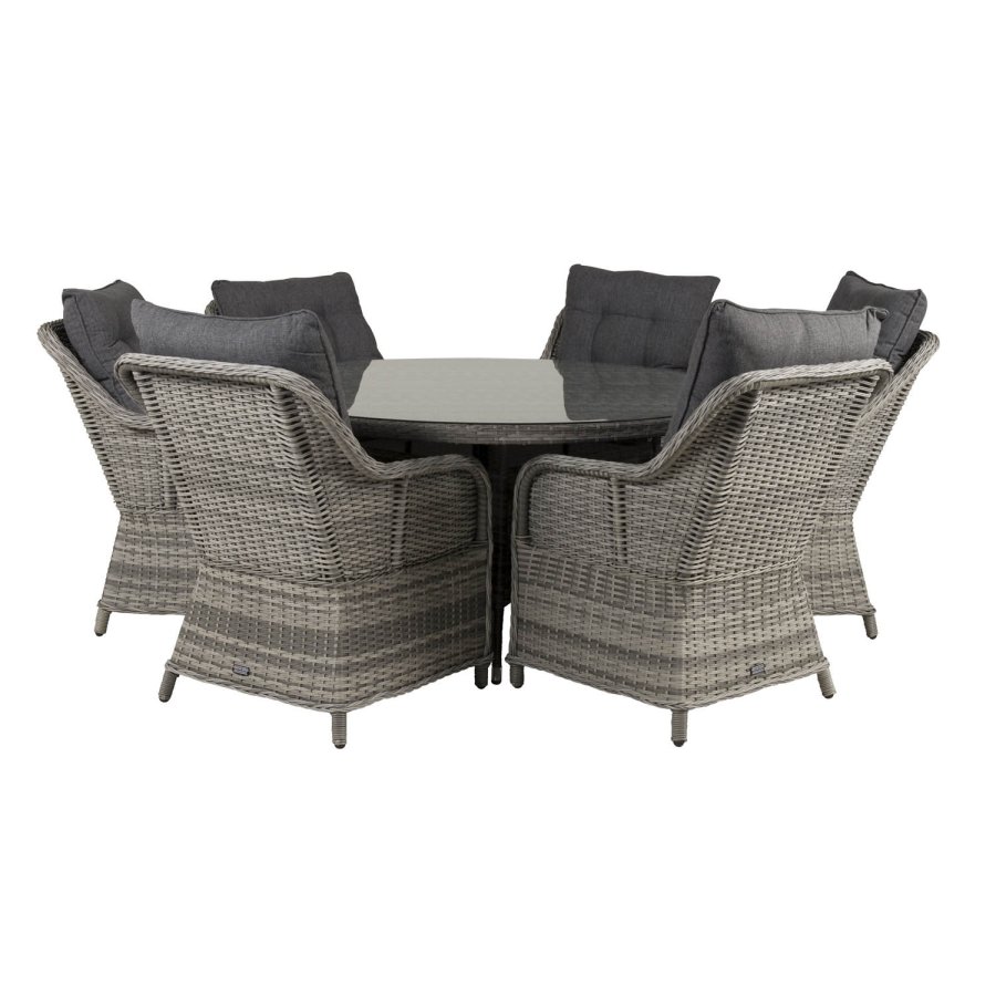 VENTURE DESIGN havest m. Volta bord (150) og 6 Vikelund stole m. armln + hynde - gr rattan/glas