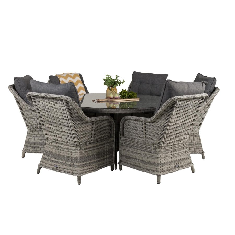 VENTURE DESIGN havest m. Volta bord (150) og 6 Vikelund stole m. armln + hynde - gr rattan/glas