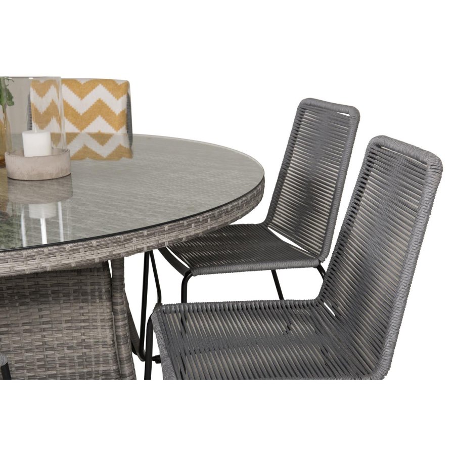 VENTURE DESIGN havest m. Volta bord (150) og 6 Lindos stole - gr rattan/reb, sort alu og glas