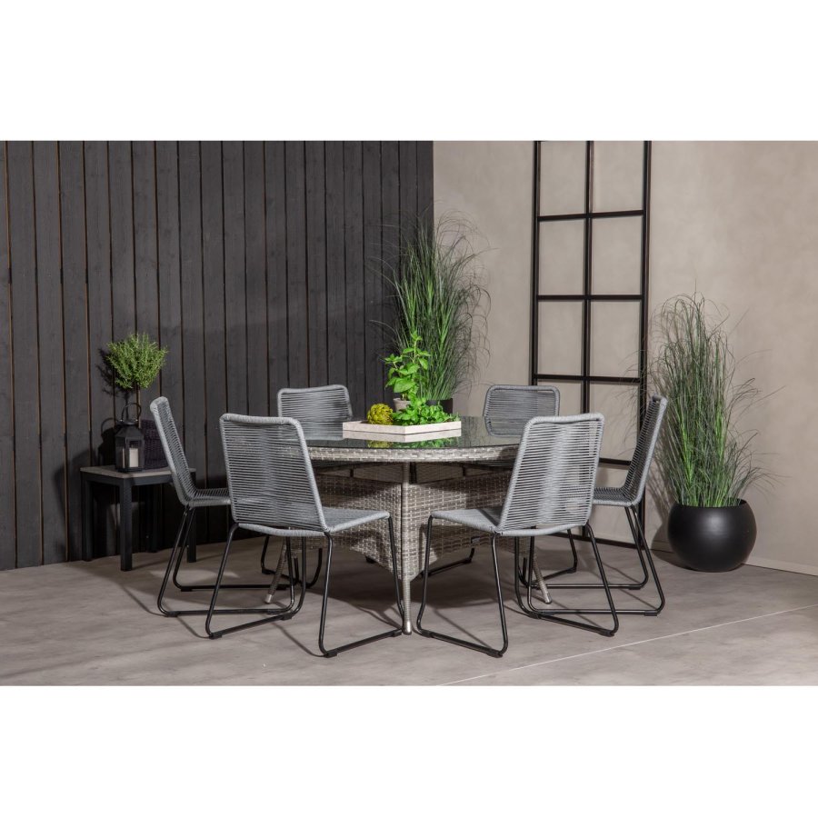 VENTURE DESIGN havest m. Volta bord (150) og 6 Lindos stole - gr rattan/reb, sort alu og glas