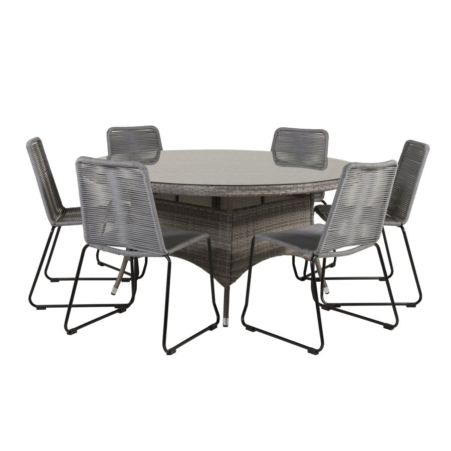 VENTURE DESIGN havest m. Volta bord (150) og 6 Lindos stole - gr rattan/reb, sort alu og glas