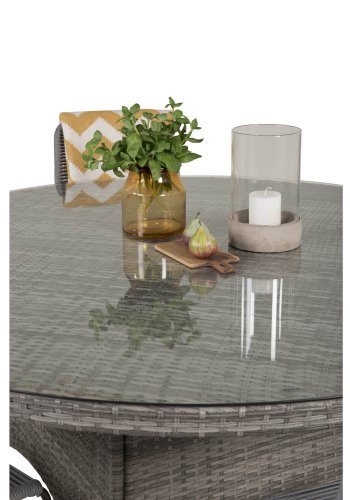 VENTURE DESIGN havest m. Volta bord (150) og 6 Lindos stole - gr rattan/reb, sort alu og glas