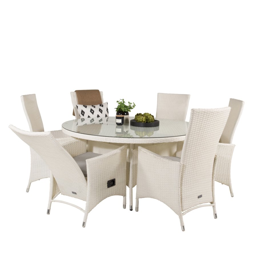 VENTURE DESIGN havest m. Volta bord (150) og 6 Padova stole m. recliner + hynde - hvid rattan/glas