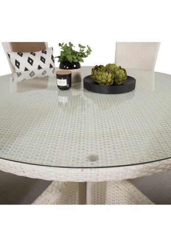 VENTURE DESIGN havest m. Volta bord (150) og 6 Padova stole m. recliner + hynde - hvid rattan/glas