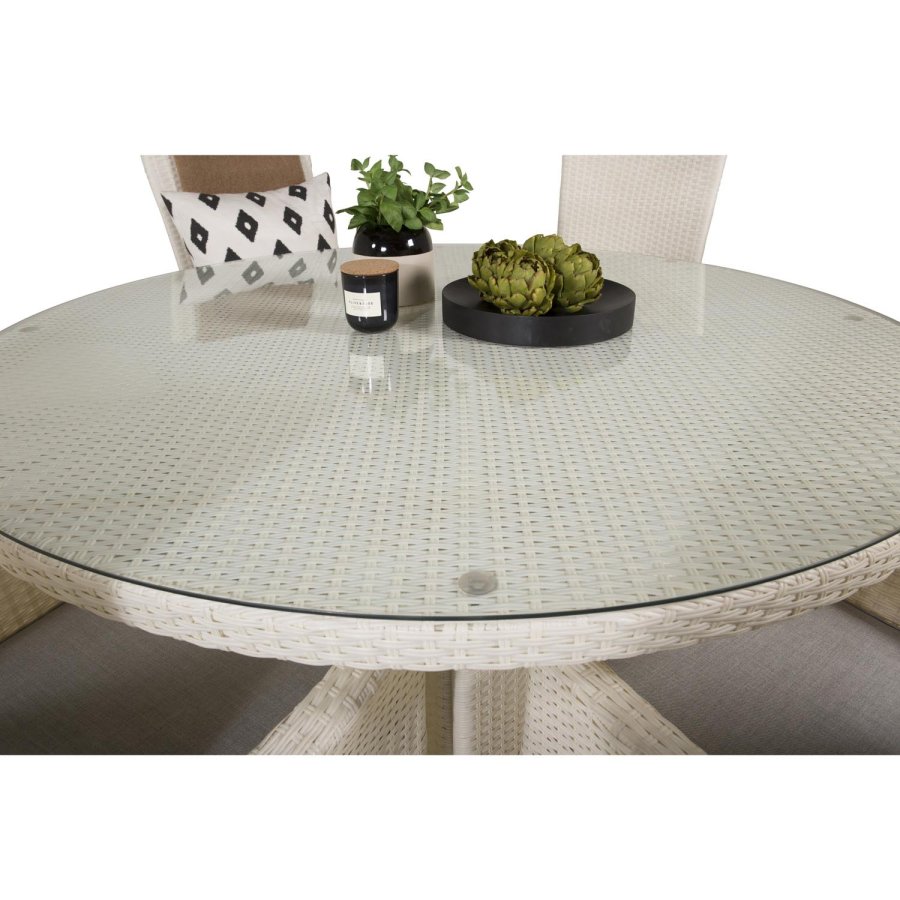 VENTURE DESIGN havest m. Volta bord (150) og 6 Padova stole m. recliner + hynde - hvid rattan/glas