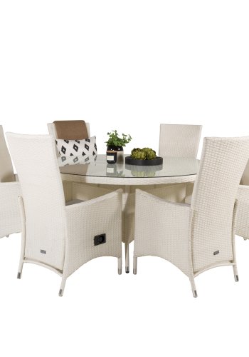 VENTURE DESIGN havest m. Volta bord (150) og 6 Padova stole m. recliner + hynde - hvid rattan/glas