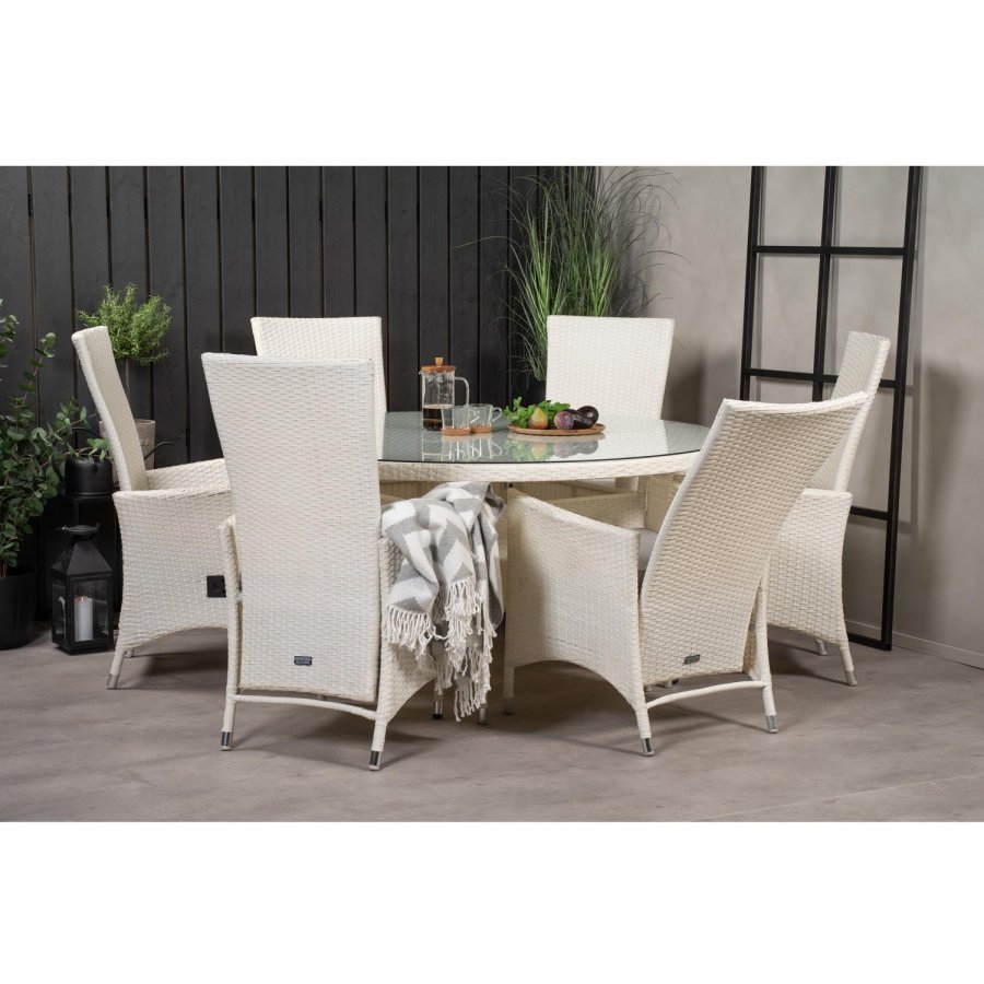 VENTURE DESIGN havest m. Volta bord (150) og 6 Padova stole m. recliner + hynde - hvid rattan/glas