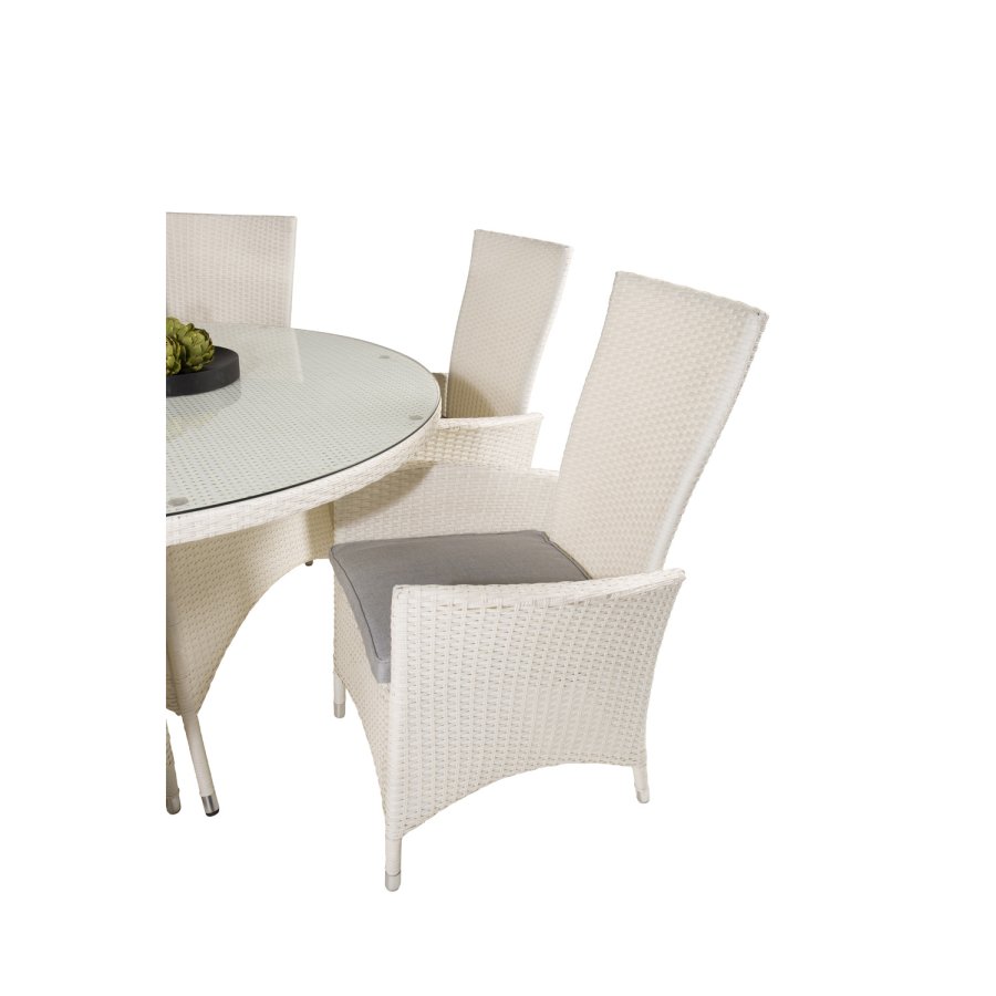 VENTURE DESIGN havest m. Volta bord (150) og 6 Padova stole m. recliner + hynde - hvid rattan/glas