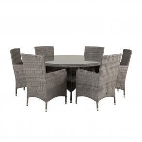 VENTURE DESIGN havest m. Volta bord (150) og 6 Malin stole m. armln og hynde - gr rattan/glas