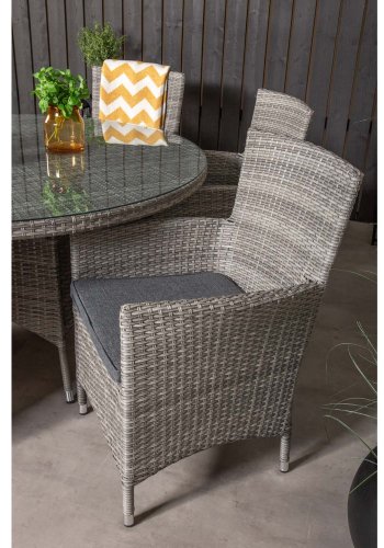 VENTURE DESIGN havest m. Volta bord (150) og 6 Malin stole m. armln og hynde - gr rattan/glas