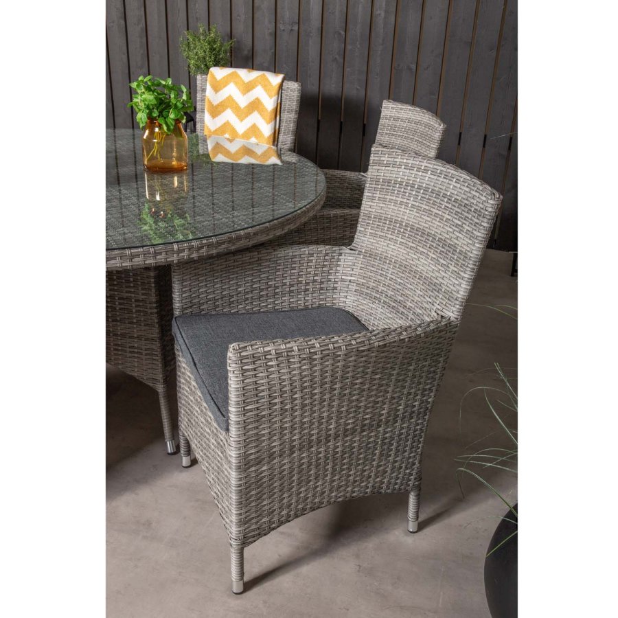 VENTURE DESIGN havest m. Volta bord (150) og 6 Malin stole m. armln og hynde - gr rattan/glas