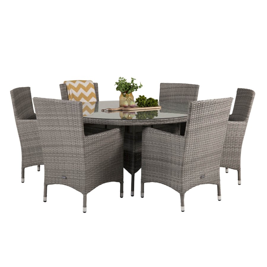 VENTURE DESIGN havest m. Volta bord (150) og 6 Malin stole m. armln og hynde - gr rattan/glas