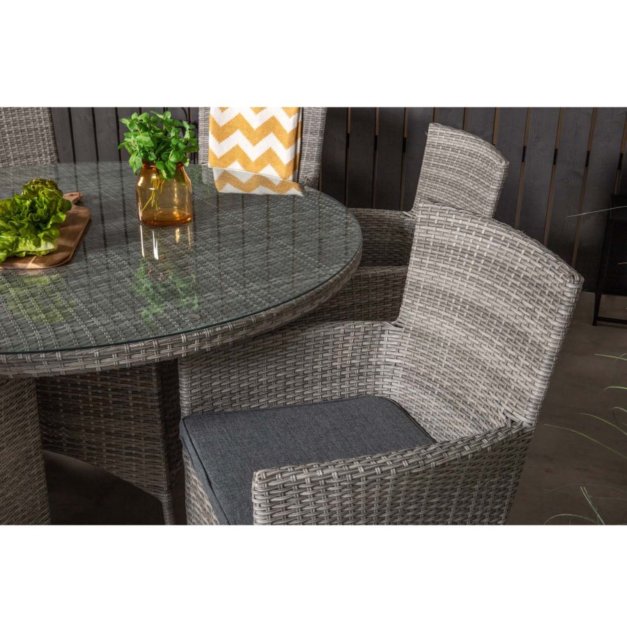 VENTURE DESIGN havest m. Volta bord (150) og 6 Malin stole m. armln og hynde - gr rattan/glas