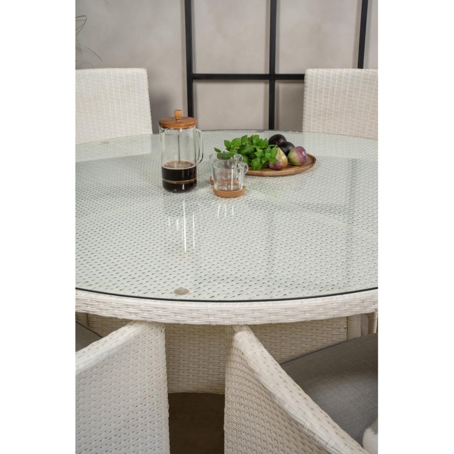 VENTURE DESIGN havest m. Volta bord (150) og 6 Malin stole m. armln og hynde - hvid rattan/glas