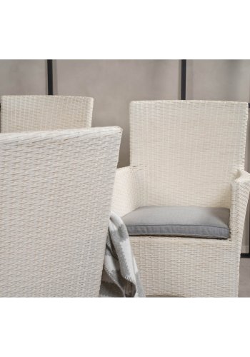 VENTURE DESIGN havest m. Volta bord (150) og 6 Malin stole m. armln og hynde - hvid rattan/glas