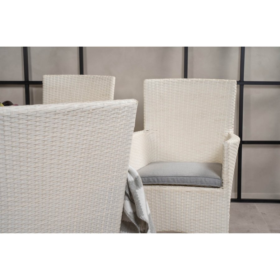 VENTURE DESIGN havest m. Volta bord (150) og 6 Malin stole m. armln og hynde - hvid rattan/glas