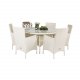 VENTURE DESIGN havest m. Volta bord (150) og 6 Malin stole m. armln og hynde - hvid rattan/glas