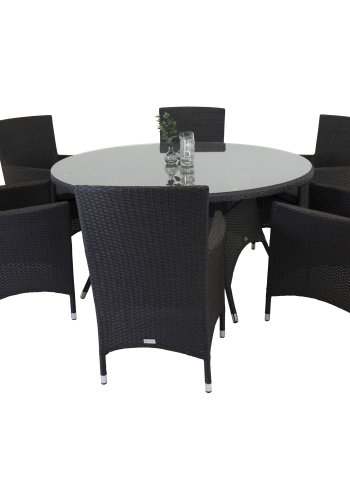 VENTURE DESIGN havest m. Volta bord (150) og 6 Malin stole m. armln og hynde - sort rattan/glas