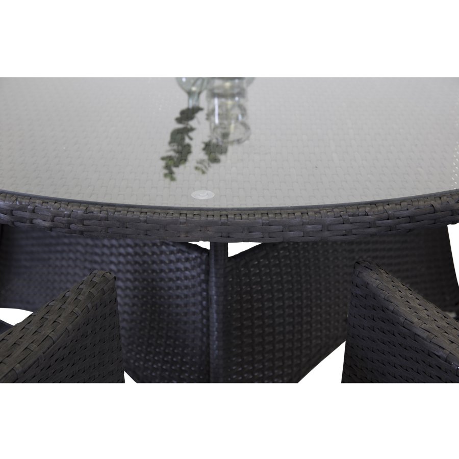 VENTURE DESIGN havest m. Volta bord (150) og 6 Malin stole m. armln og hynde - sort rattan/glas