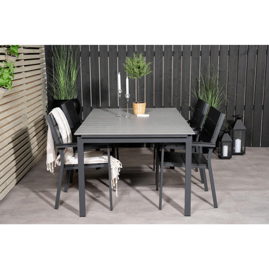 VENTURE DESIGN Levels havest m. bord m. udtrk og 4 stole m. armln - gr/sort aintwood og sort alu