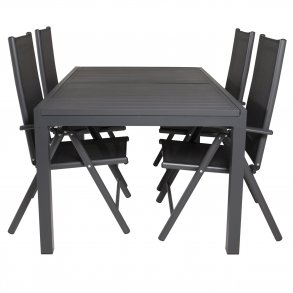 VENTURE DESIGN havest m. Marbella bord m. udtrk og 4 Break recliner stole - sort alu/textilene