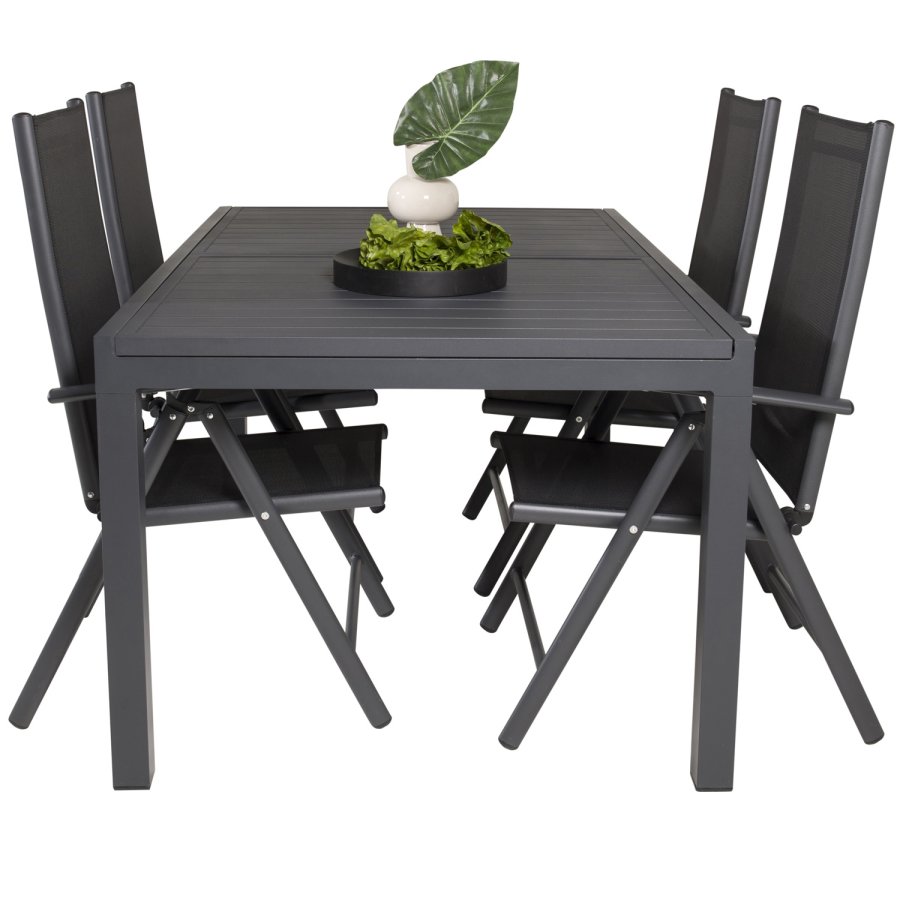 VENTURE DESIGN havest m. Marbella bord m. udtrk og 4 Break recliner stole - sort alu/textilene