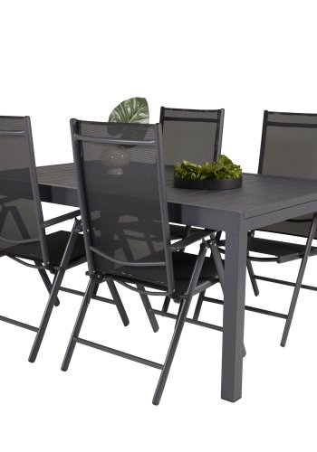 VENTURE DESIGN havest m. Marbella bord m. udtrk og 4 Break recliner stole - sort alu/textilene