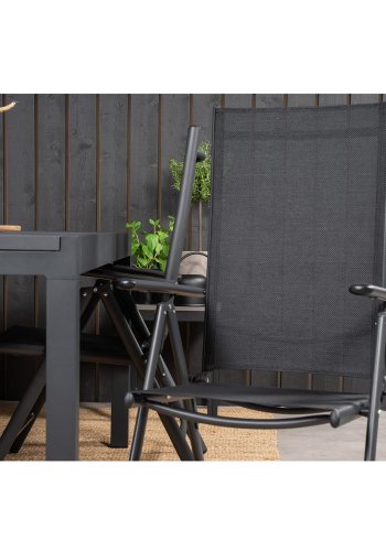 VENTURE DESIGN havest m. Marbella bord m. udtrk og 4 Break recliner stole - sort alu/textilene