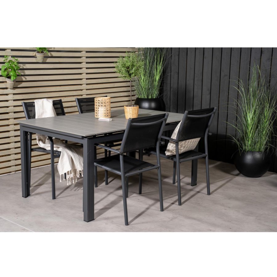 VENTURE DESIGN havest m Levels bord m udtrk og 4 Santorini stole m. armln - gr aintwood/sort alu