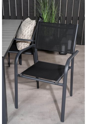 VENTURE DESIGN havest m Levels bord m udtrk og 4 Santorini stole m. armln - gr aintwood/sort alu