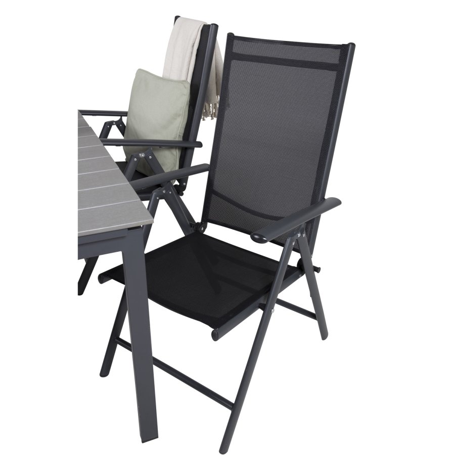 VENTURE DESIGN havest m. Levels bord m. udtrk og 4 Break recliner stole - gr aintwood/sort textil