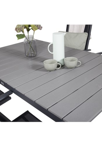 VENTURE DESIGN havest m. Levels bord m. udtrk og 4 Break recliner stole - gr aintwood/sort textil