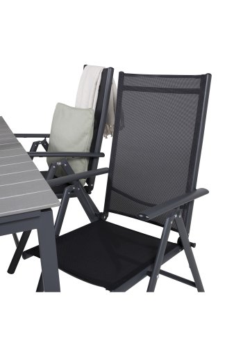 VENTURE DESIGN havest m. Levels bord m. udtrk og 4 Break recliner stole - gr aintwood/sort textil