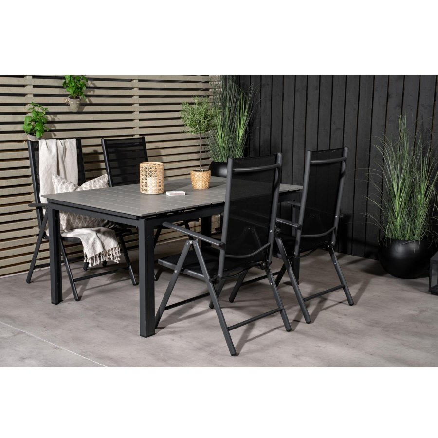 VENTURE DESIGN havest m. Levels bord m. udtrk og 4 Break recliner stole - gr aintwood/sort textil