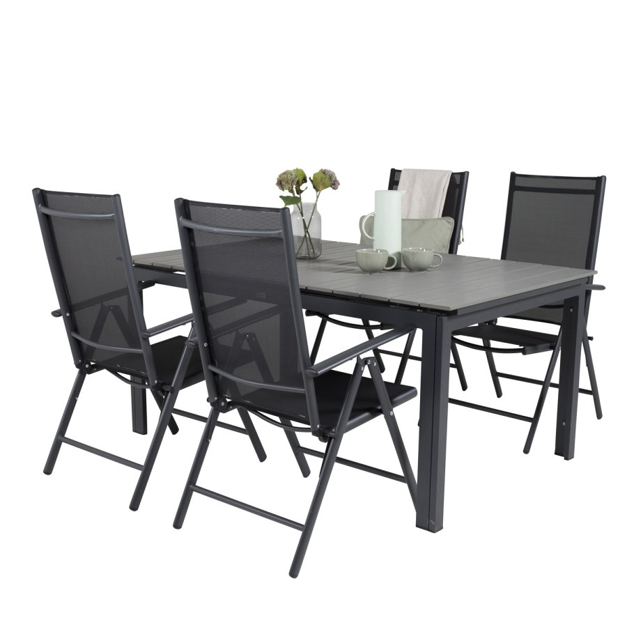 VENTURE DESIGN havest m. Levels bord m. udtrk og 4 Break recliner stole - gr aintwood/sort textil