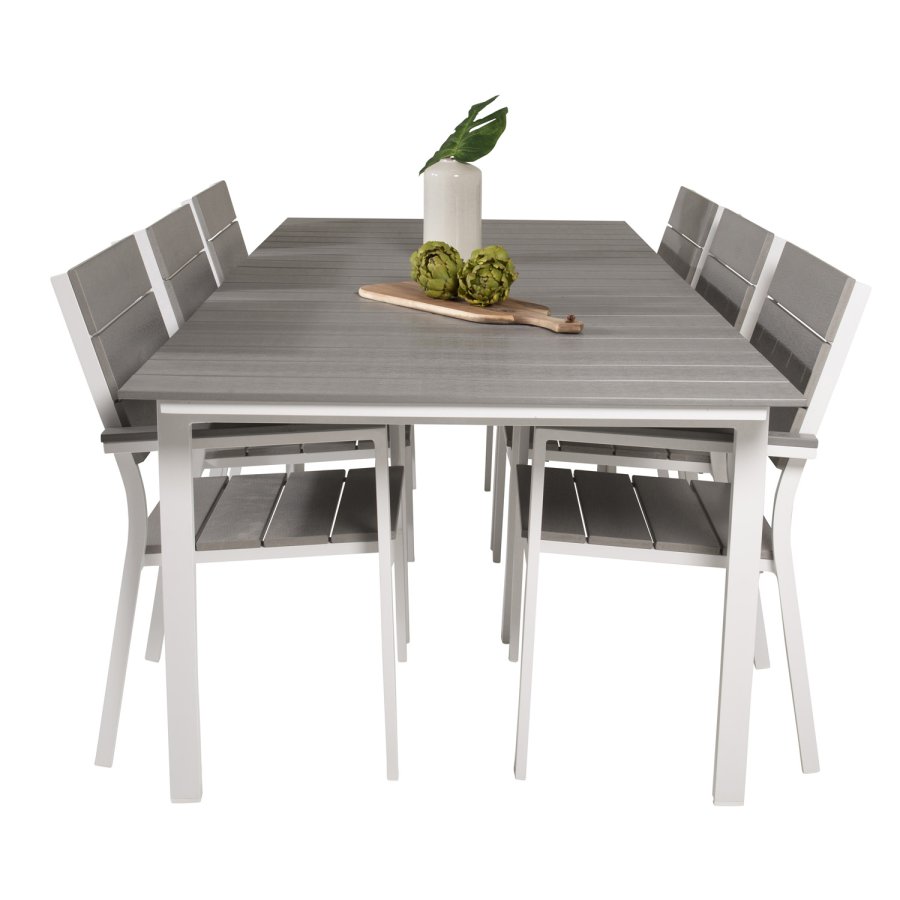 VENTURE DESIGN havest, m. Levels bord, m. udtrk og 6 Levels stole, m. armln - aintwood/alu 