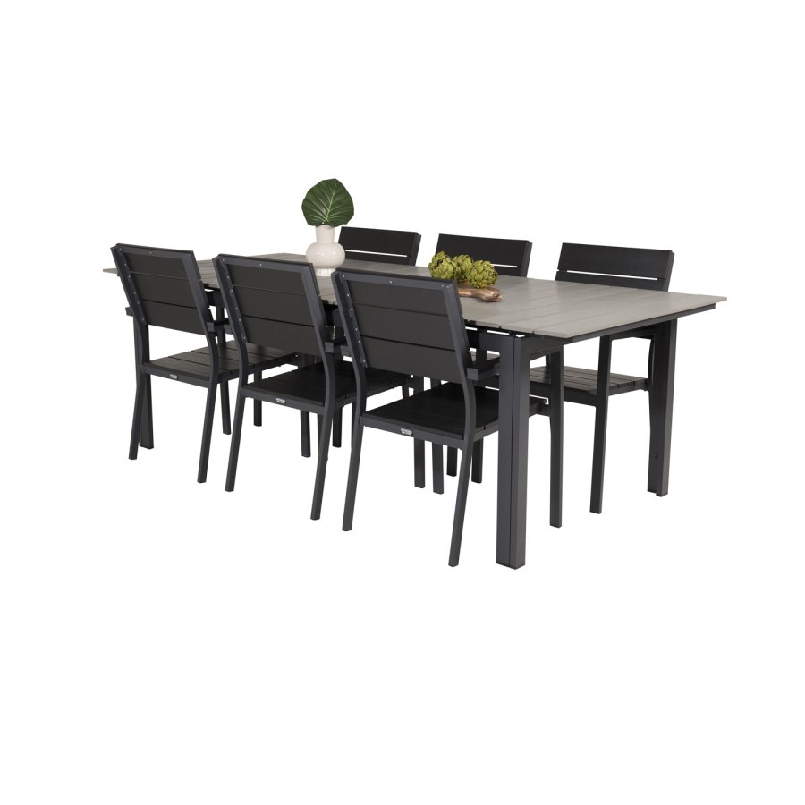 VENTURE DESIGN havest, m. Levels bord, m. udtrk og 6 Levels stole, m. armln - aintwood/alu