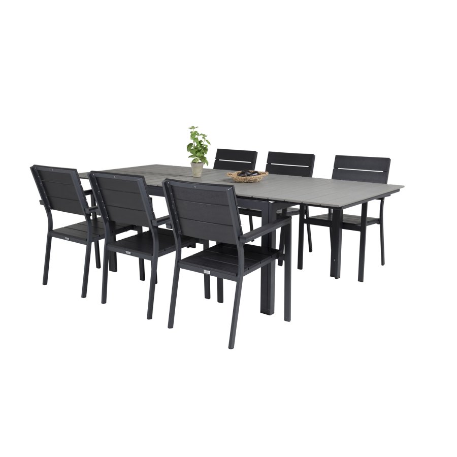 VENTURE DESIGN havest, m. Levels bord, m. udtrk og 6 Levels stole, m. armln - aintwood/alu 