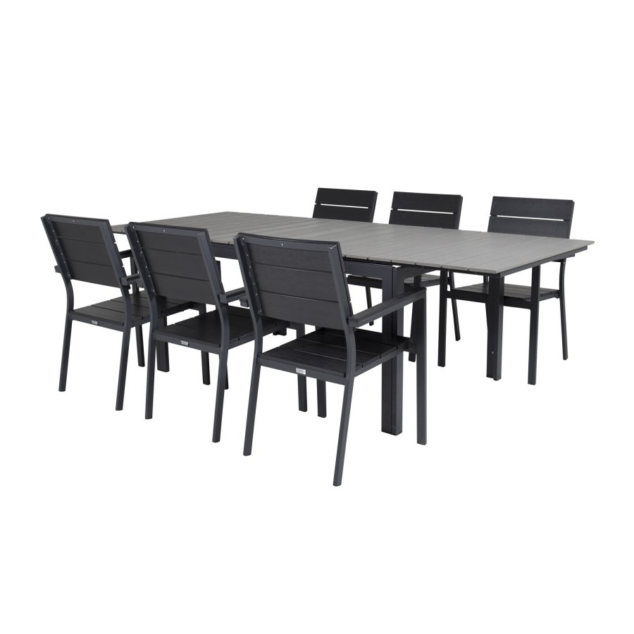 VENTURE DESIGN havest, m. Levels bord, m. udtrk og 6 Levels stole, m. armln - aintwood/alu 