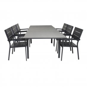 VENTURE DESIGN havest, m. Levels bord, m. udtrk og 6 Levels stole, m. armln - aintwood/alu 