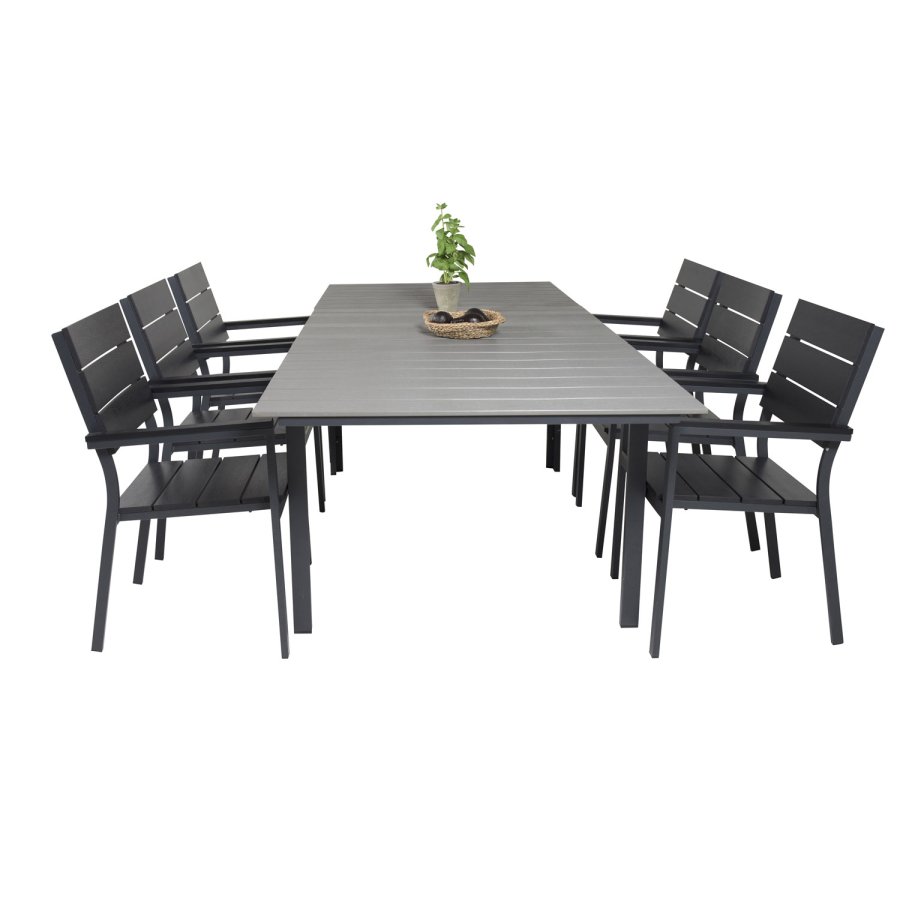 VENTURE DESIGN havest, m. Levels bord, m. udtrk og 6 Levels stole, m. armln - aintwood/alu 