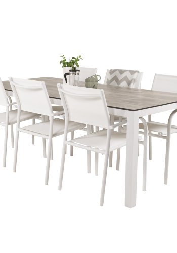 VENTURE DESIGN havest, m. Llama bord (205x100) og 6 Santorini stole, m. armln - laminat/alu