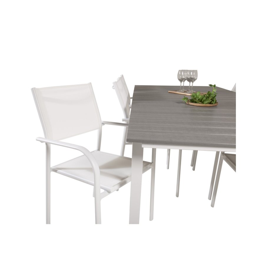 VENTURE DESIGN havest, m. Levels bord, m. udtrk og 6 Santorini stole, m. armln - aintwood/alu 