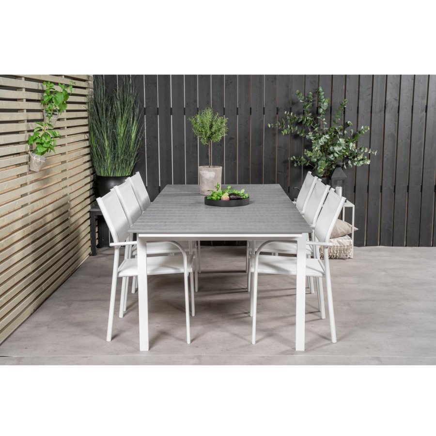 VENTURE DESIGN havest, m. Levels bord, m. udtrk og 6 Santorini stole, m. armln - aintwood/alu 