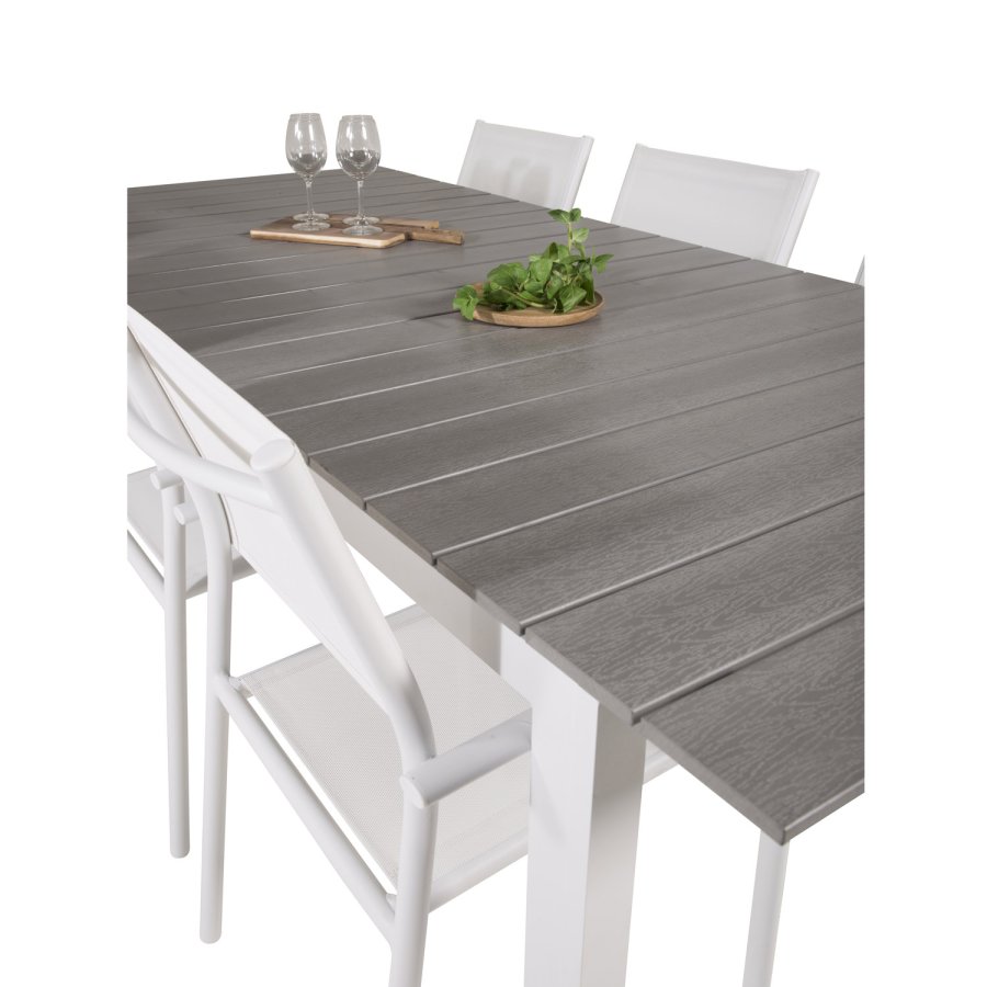 VENTURE DESIGN havest, m. Levels bord, m. udtrk og 6 Santorini stole, m. armln - aintwood/alu 